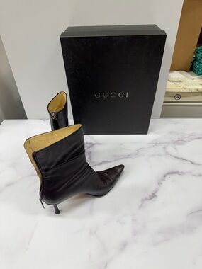 Gucci Brown Pointed-Toe Mid-Calf Leather Boots
